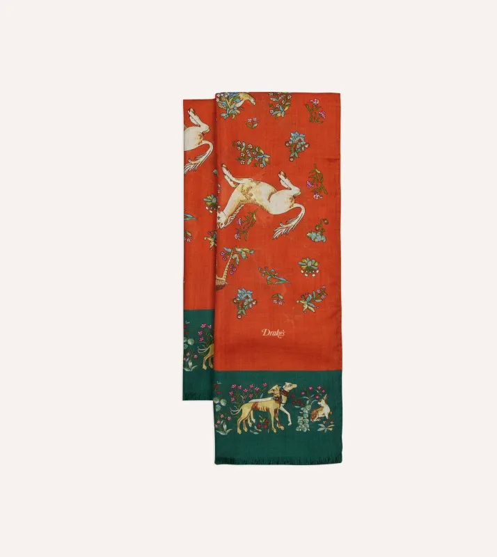 Orange and Green Unicorn Print Tubular Wool Silk Scarf sold by Drake's London