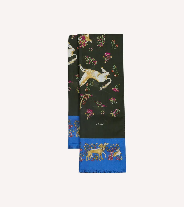 Green and Blue Unicorn Print Tubular Wool Silk Scarf sold by Drake's London