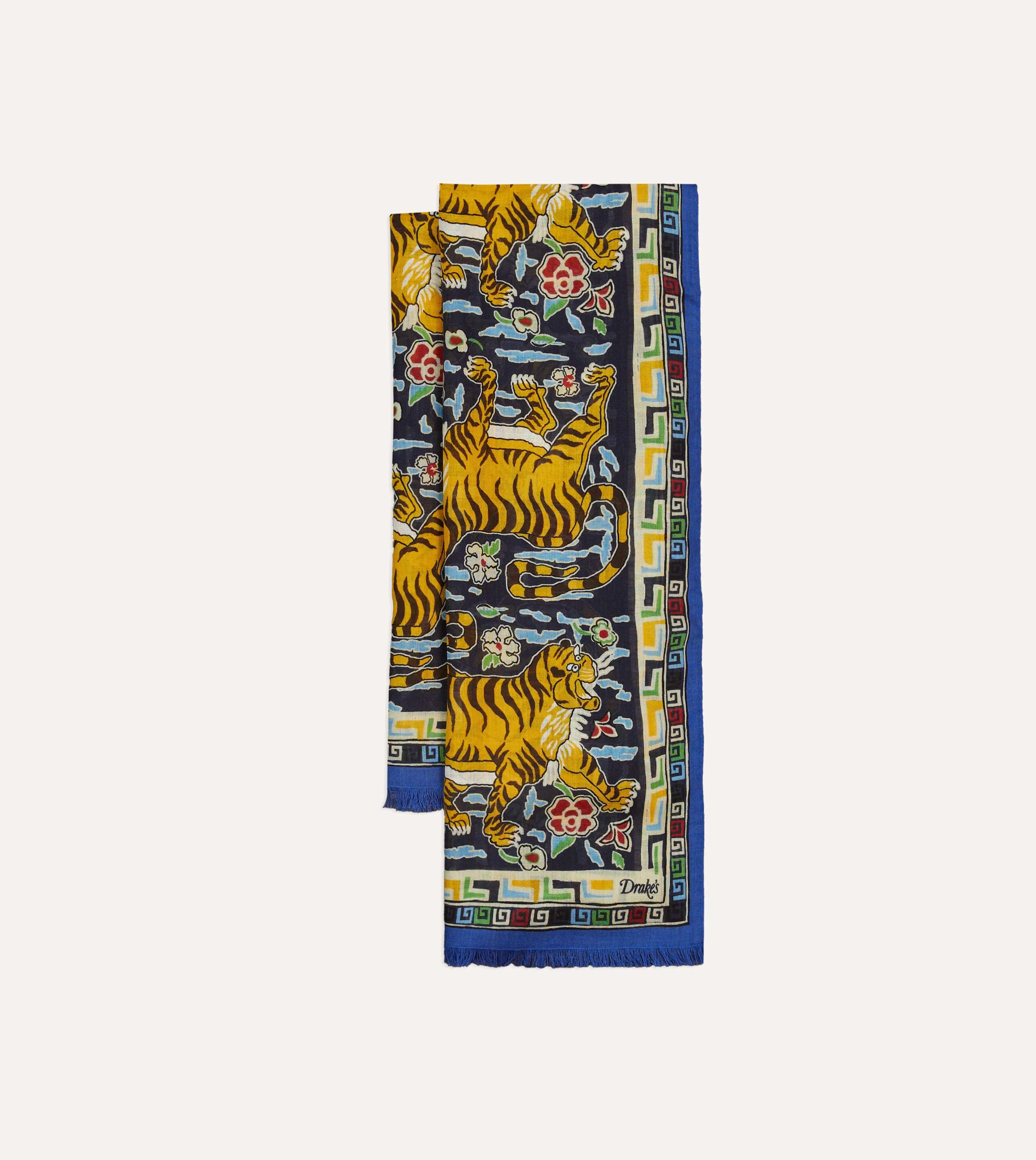 Blue Jumbo Tiger Print Wool-Silk Scarf sold by Drake's London