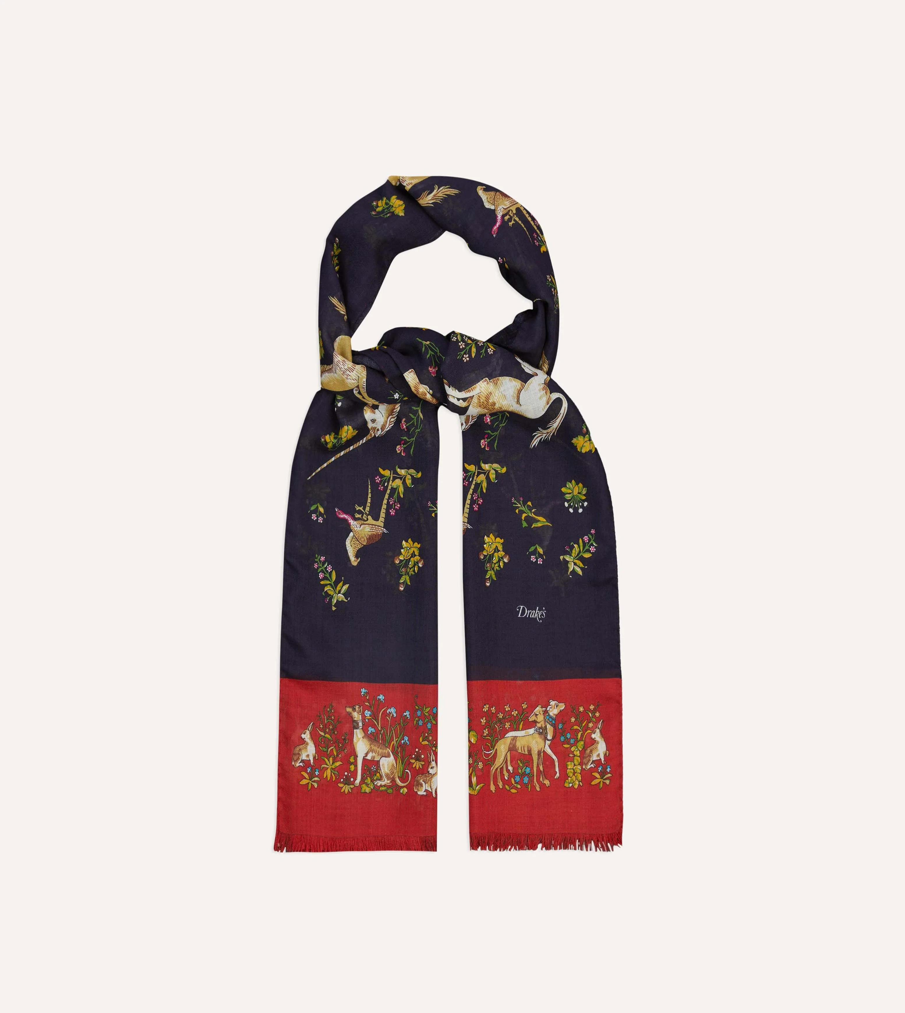 Navy and Red Unicorn Print Tubular Wool Silk Scarf sold by Drake's London product image thumbnail 4