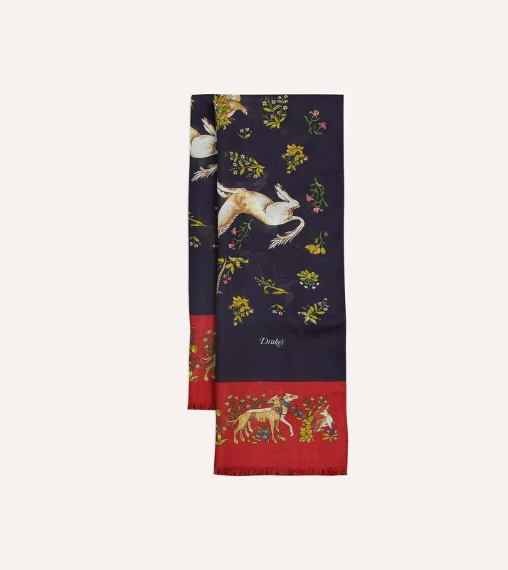 Navy and Red Unicorn Print Tubular Wool Silk Scarf sold by Drake's London