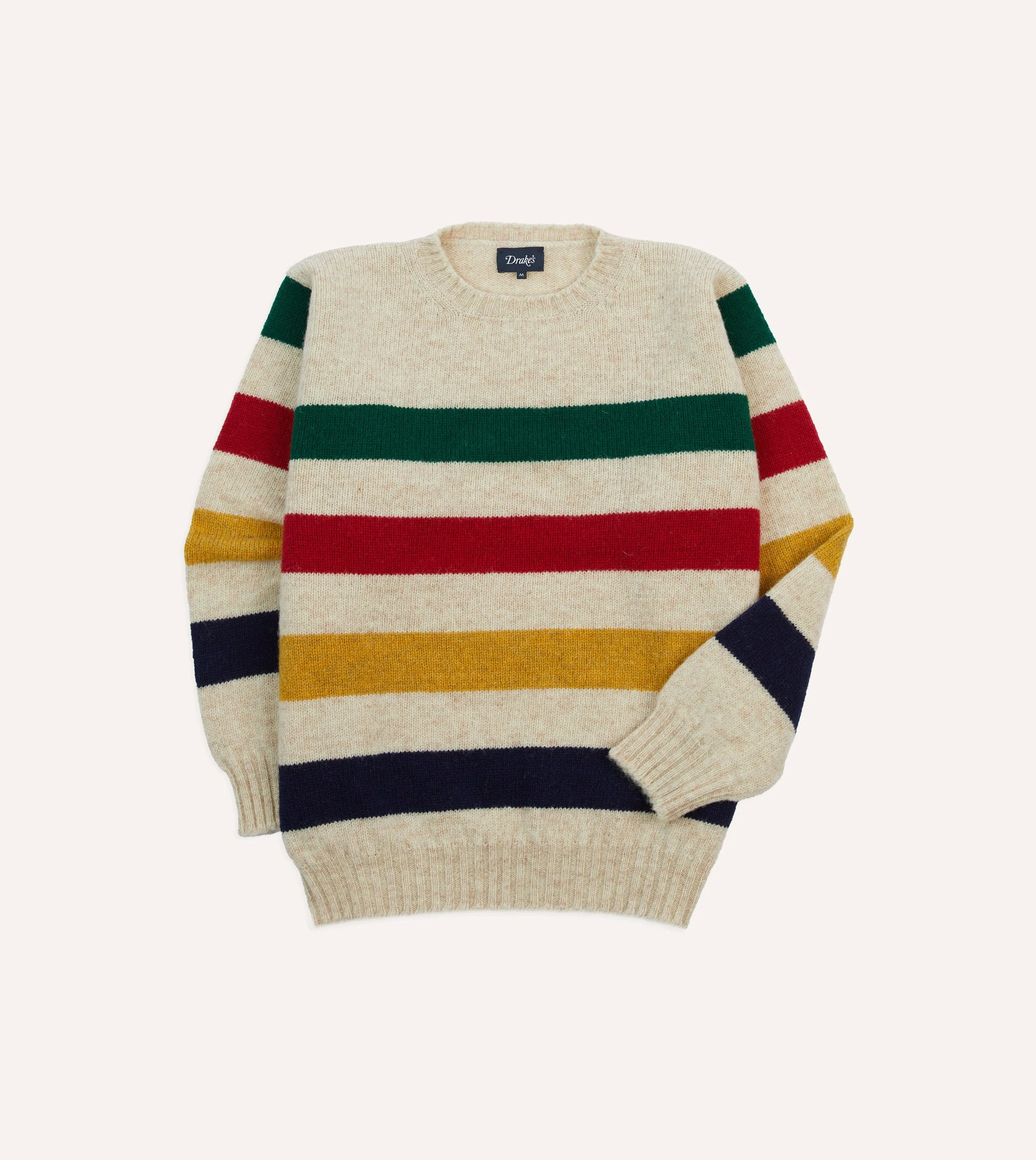 Ecru Multi Thick Stripe Brushed Shetland Crew Neck Jumper sold by Drake's London