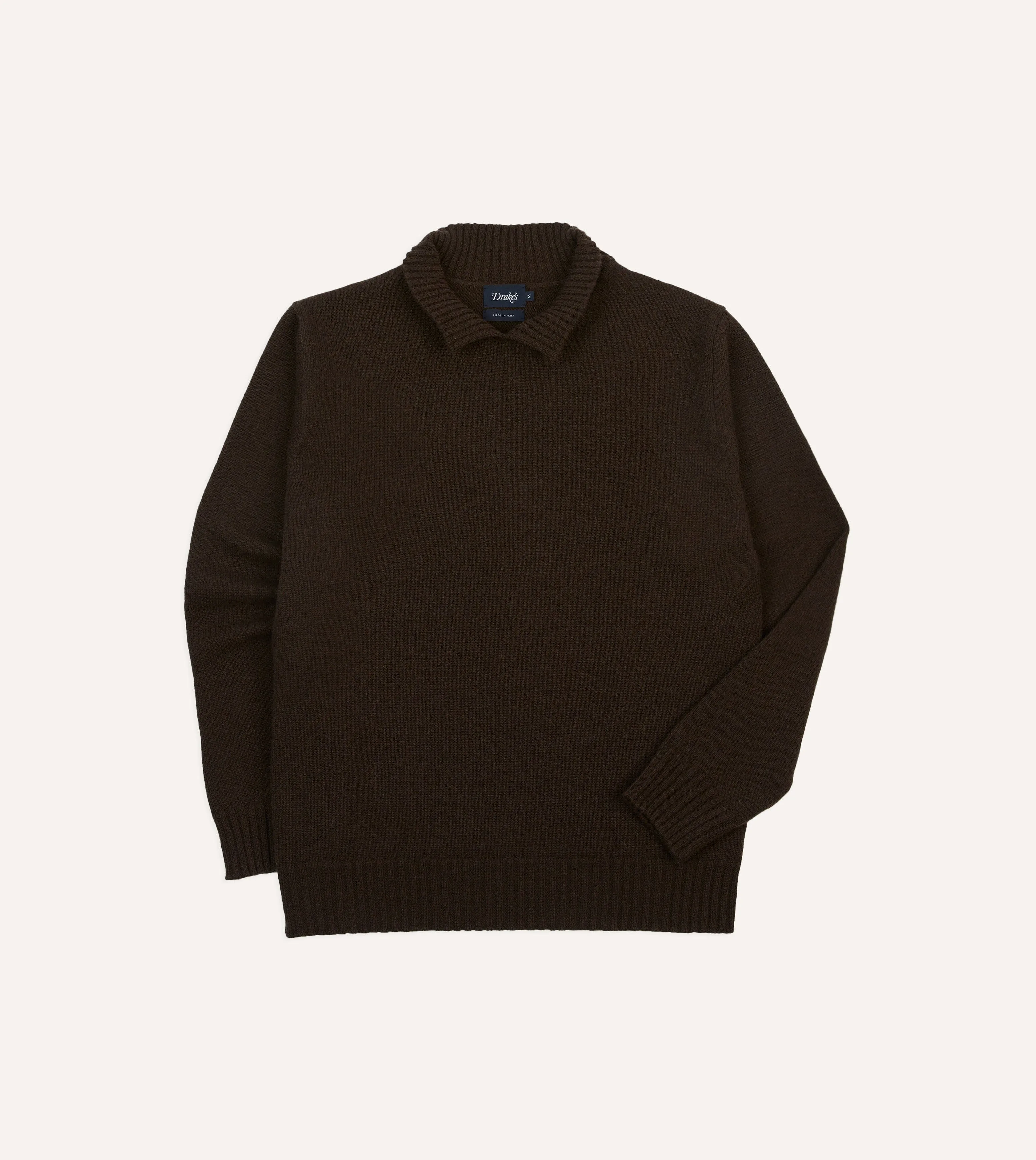 Brown Alpaca Lambswool Ribbed Integral Collar Jumper sold by Drake's London