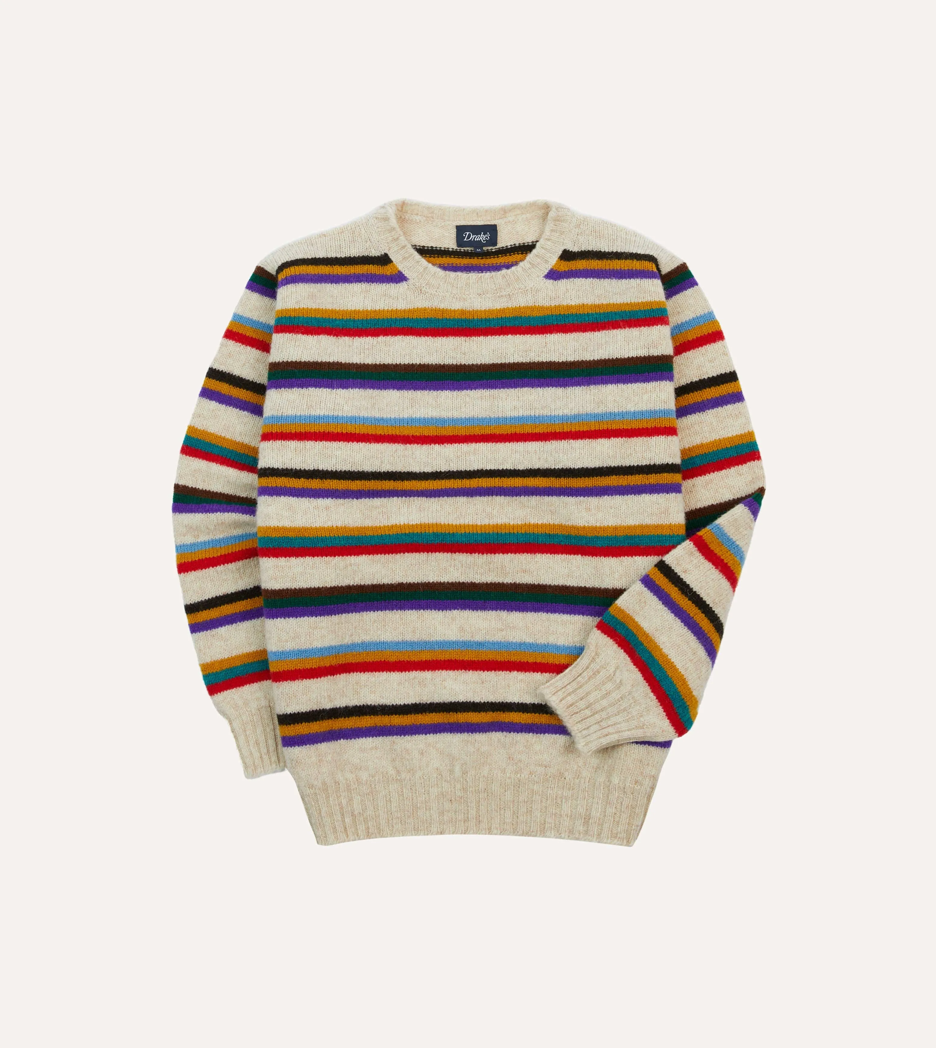 Ecru Multi Thin Stripe Brushed Shetland Crew Neck Jumper sold by Drake's London