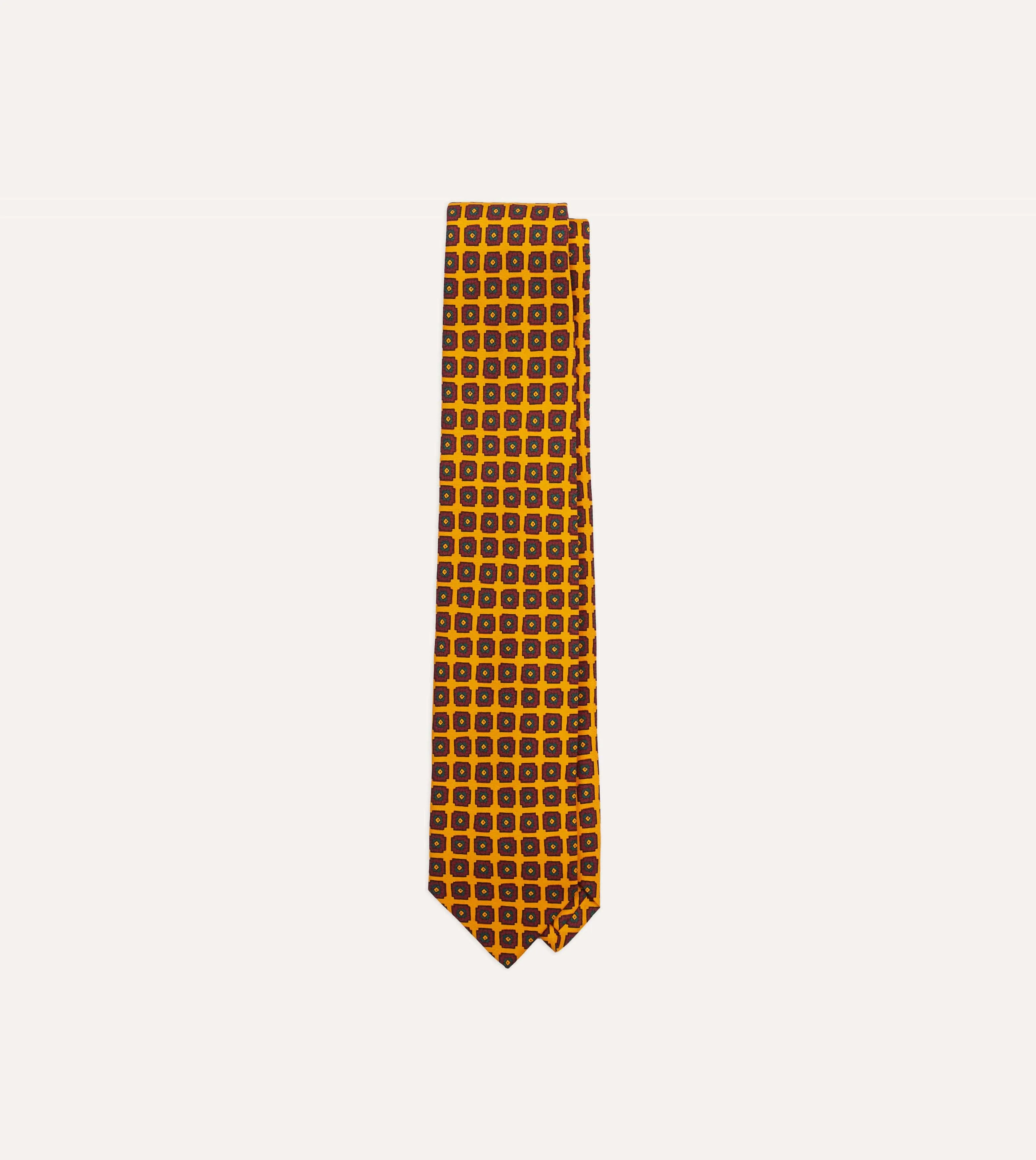 Yellow Geometric Flower Print Silk Self-Tipped Tie sold by Drake's London