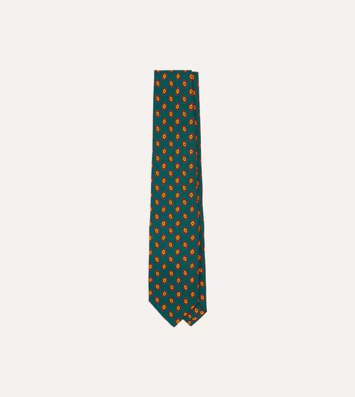 Green and Yellow Diamond Tile Print Silk Self-Tipped Tie sold by Drake's London