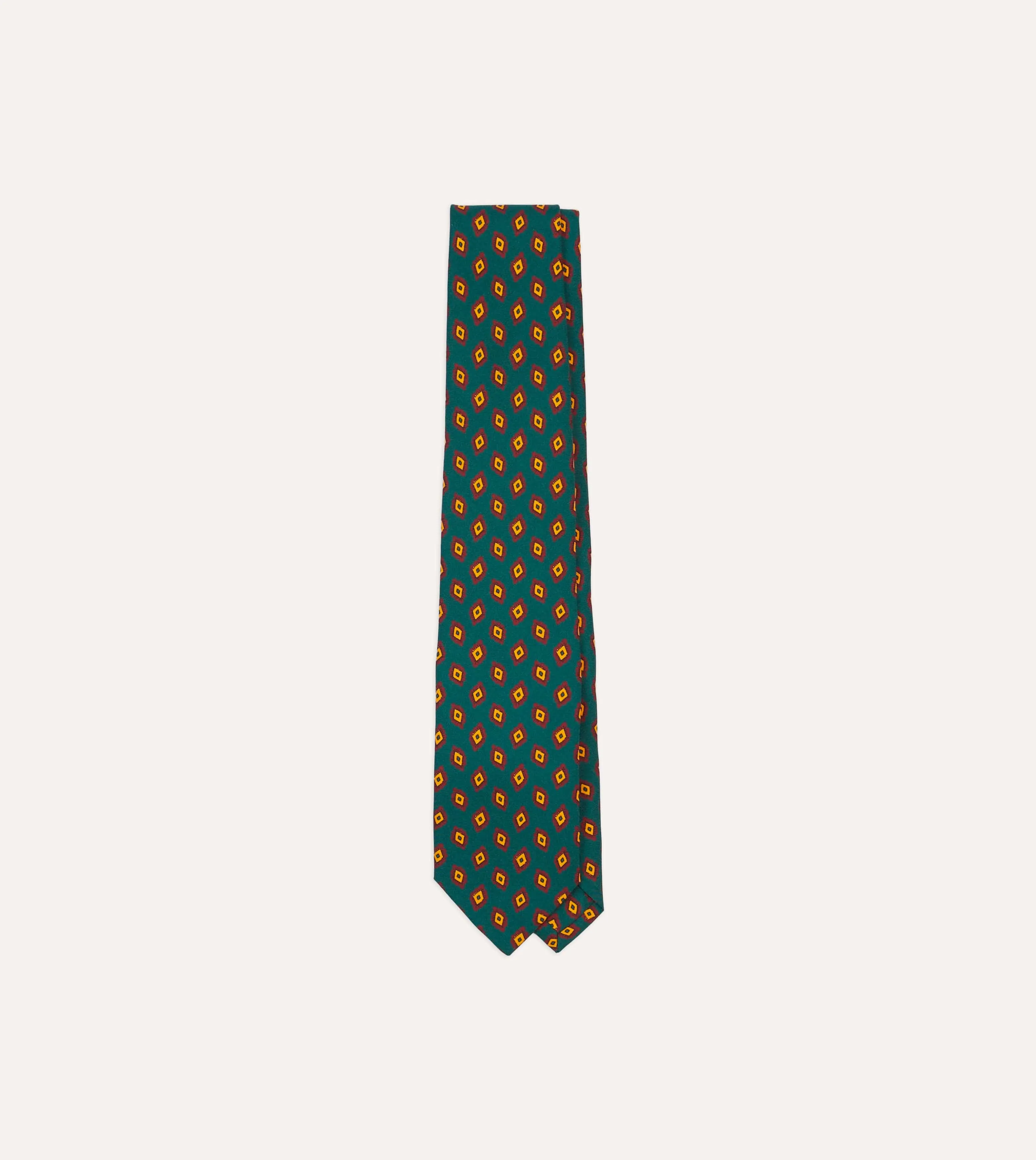 Green and Yellow Diamond Tile Print Silk Self-Tipped Tie sold by Drake's London