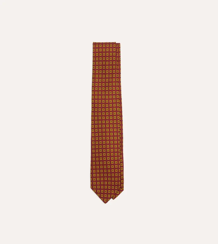 Red and Yellow Tile Print Silk Self-Tipped Tie sold by Drake's London