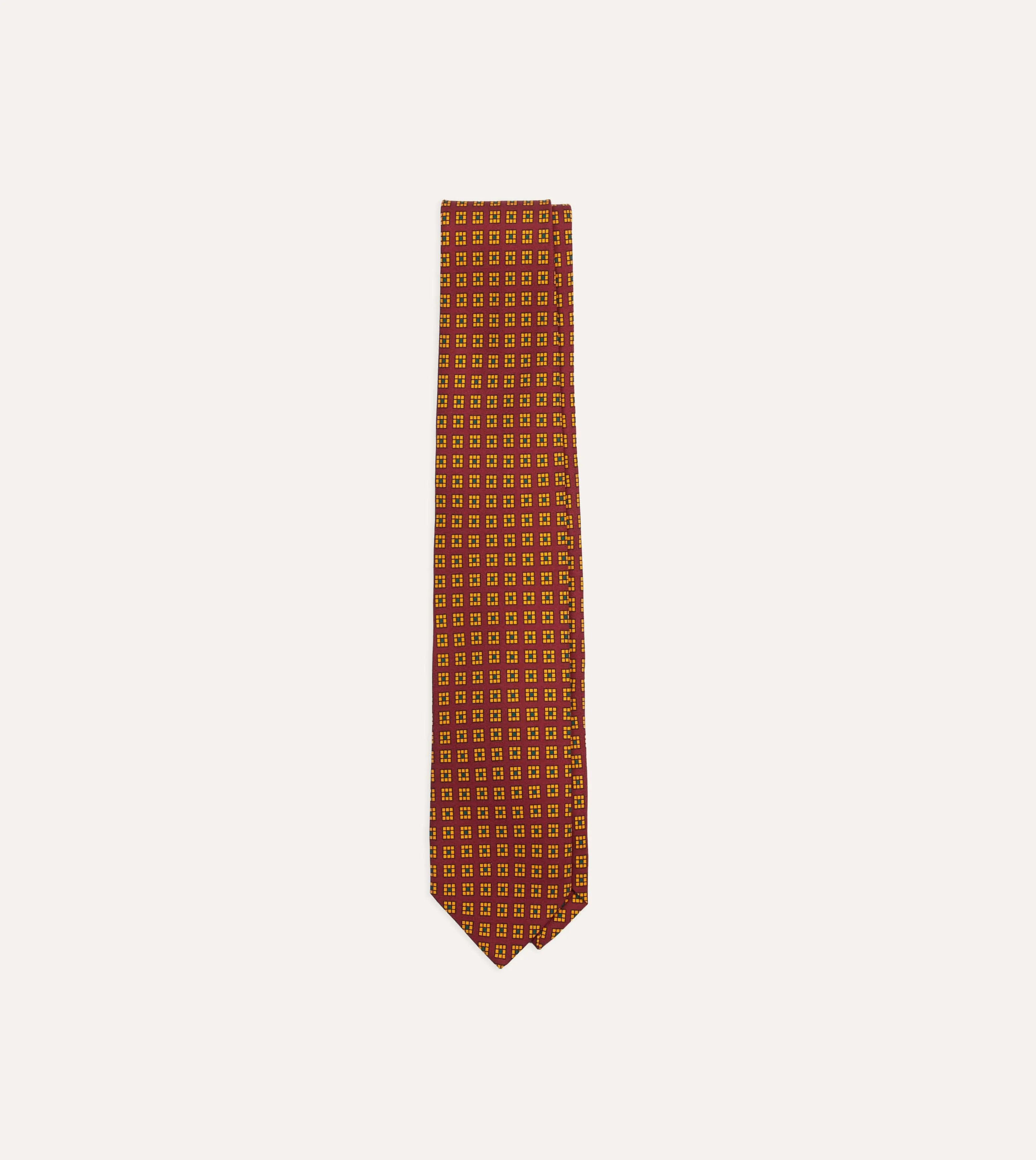 Red and Yellow Tile Print Silk Self-Tipped Tie sold by Drake's London