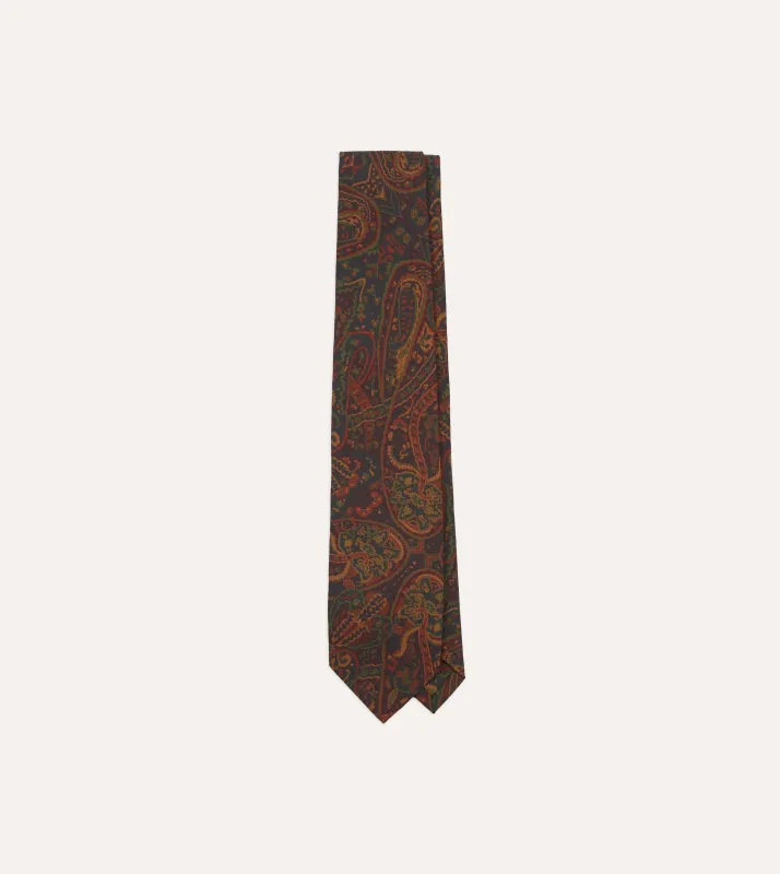 Navy and Burgundy Floral Paisley Print Silk Self Tipped Tie sold by Drake's London