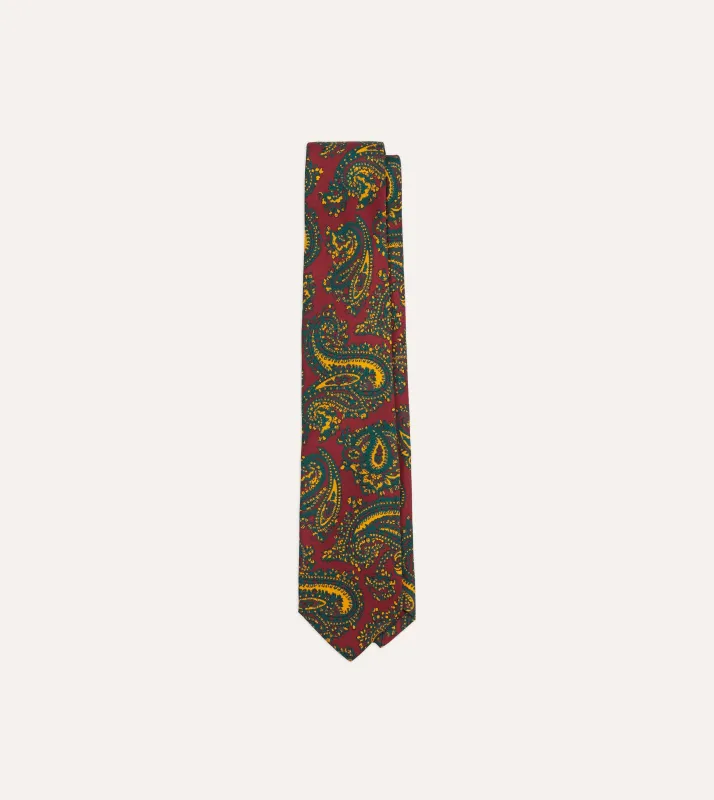 Red and Green Ornate Paisley Print Silk Self Tipped Tie sold by Drake's London