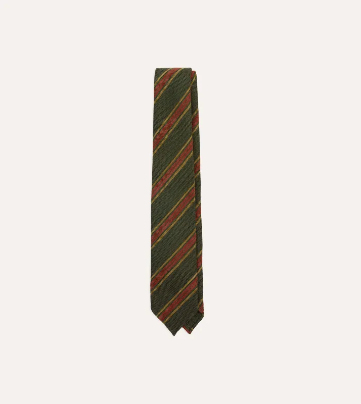 Green, Yellow and Red Triple Stripe Hand Rolled Wool Tie sold by Drake's London