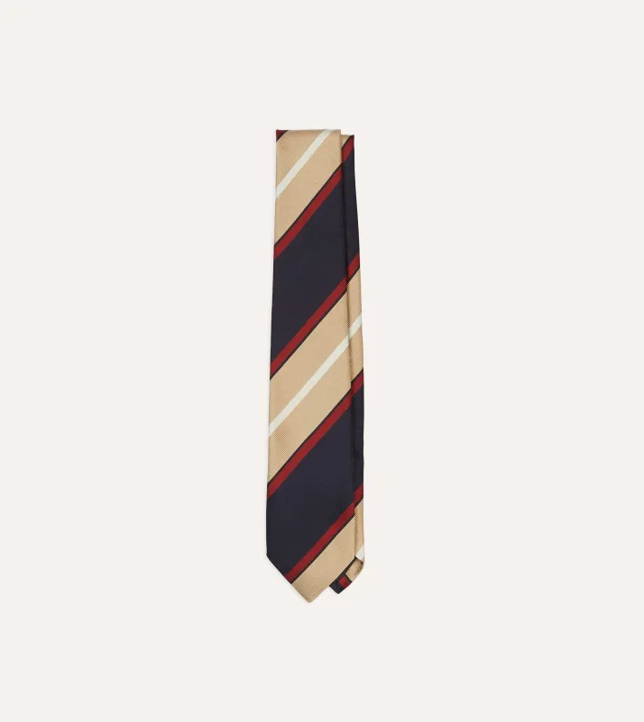 Navy, Red and Gold Stripe Repp Silk Tipped Tie sold by Drake's London