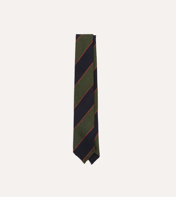 Green, Red and Navy Line Stripe Hand Rolled Wool Tie sold by Drake's London