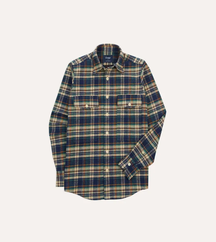 Indigo Check Cotton Two-Pocket Work Shirt made by Drake's London