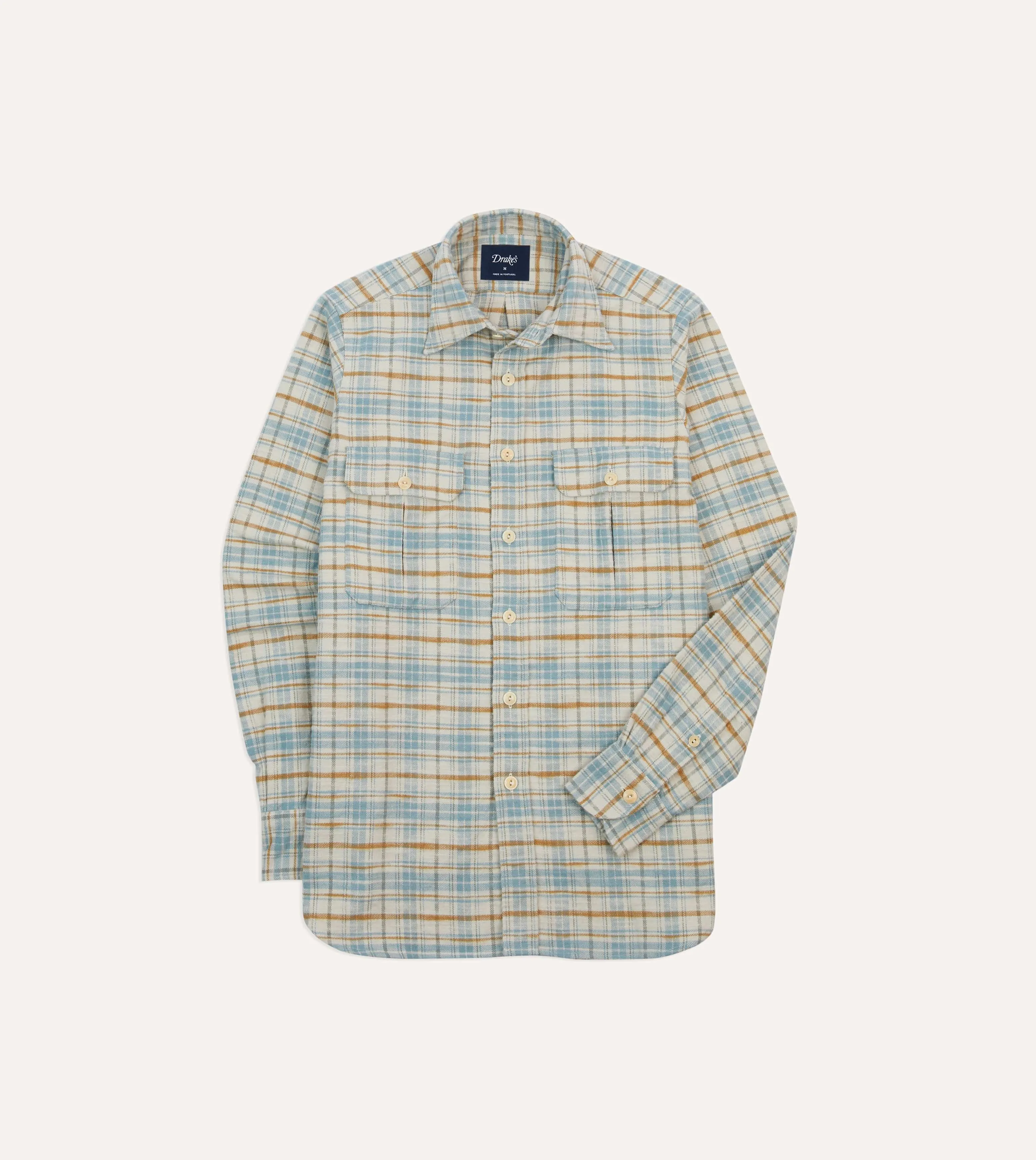 Ecru and Blue Check Cotton Two-Pocket Work Shirt sold by Drake's London