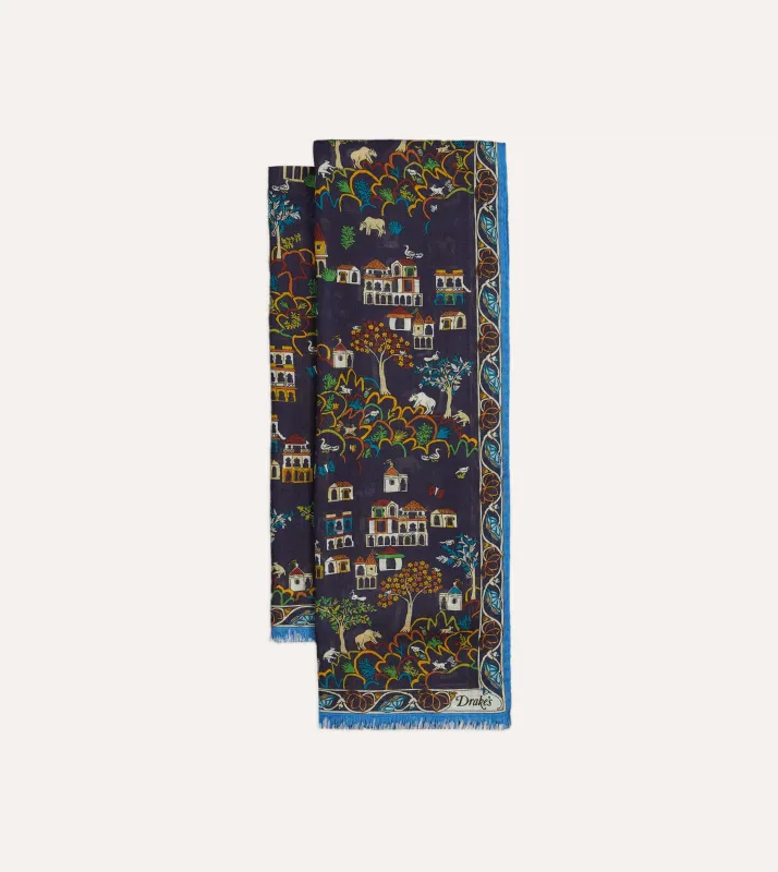 Navy Antique Village Print Wool Silk Scarf sold by Drake's London