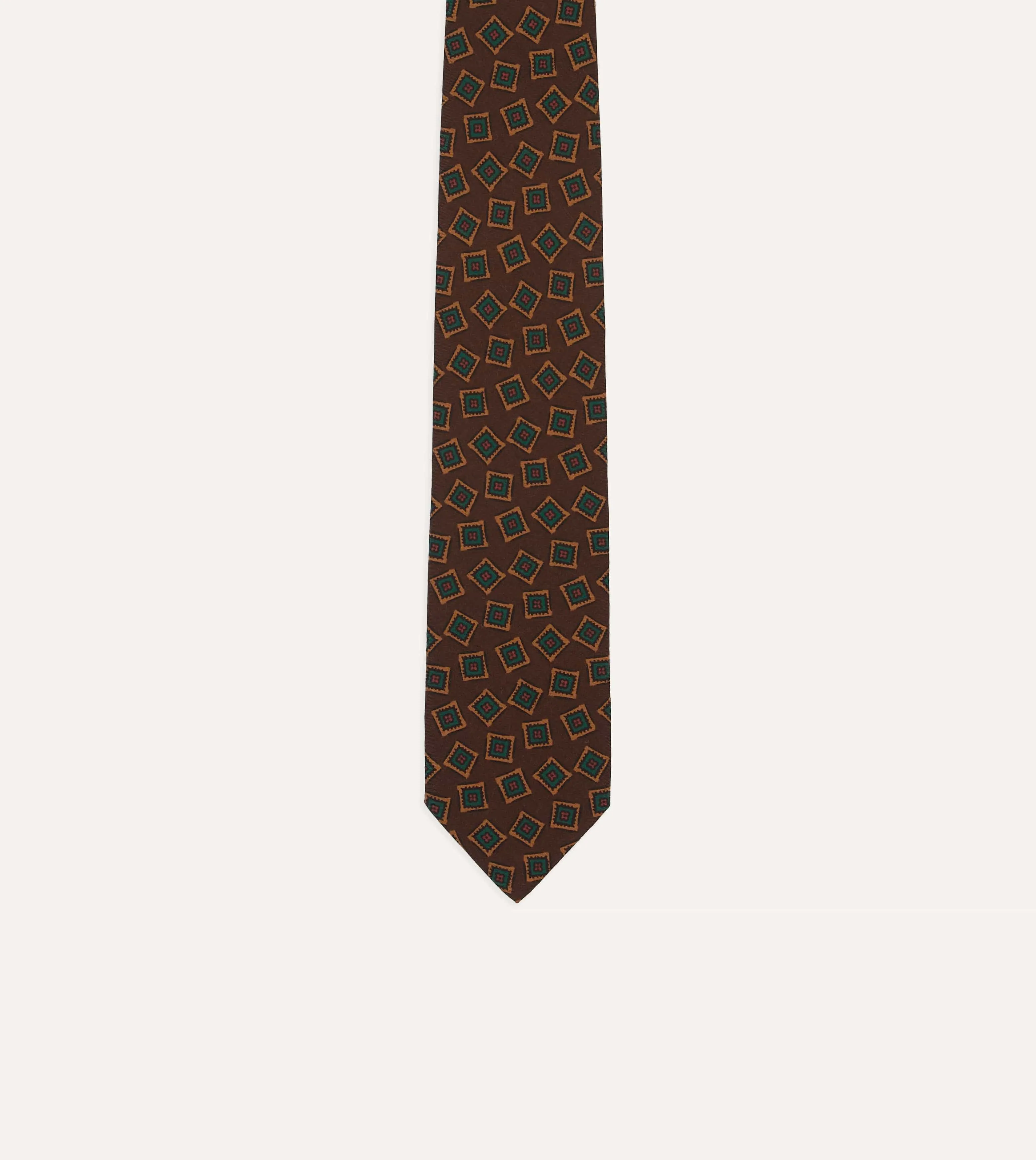 Brown and Green Jumbled Medallion Print Silk Self-Tipped Tie sold by Drake's London product image thumbnail 3
