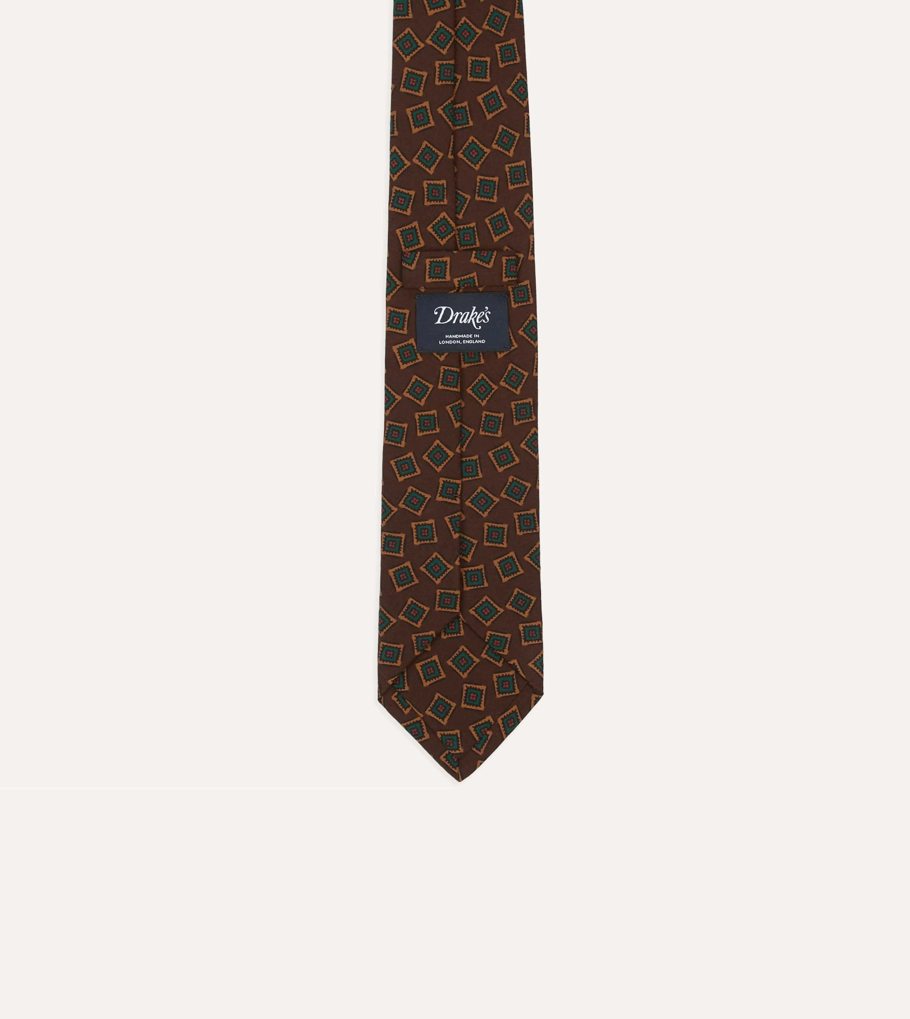 Brown and Green Jumbled Medallion Print Silk Self-Tipped Tie sold by Drake's London product image thumbnail 4