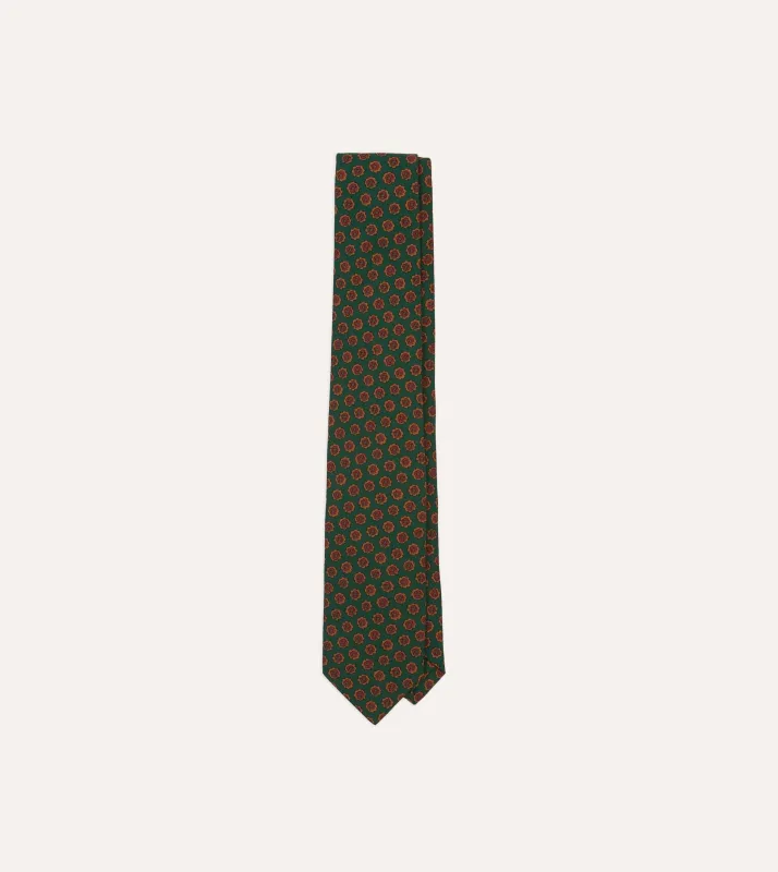 Green Floral Medallion Print Wool-Silk Self Tipped Tie sold by Drake's London
