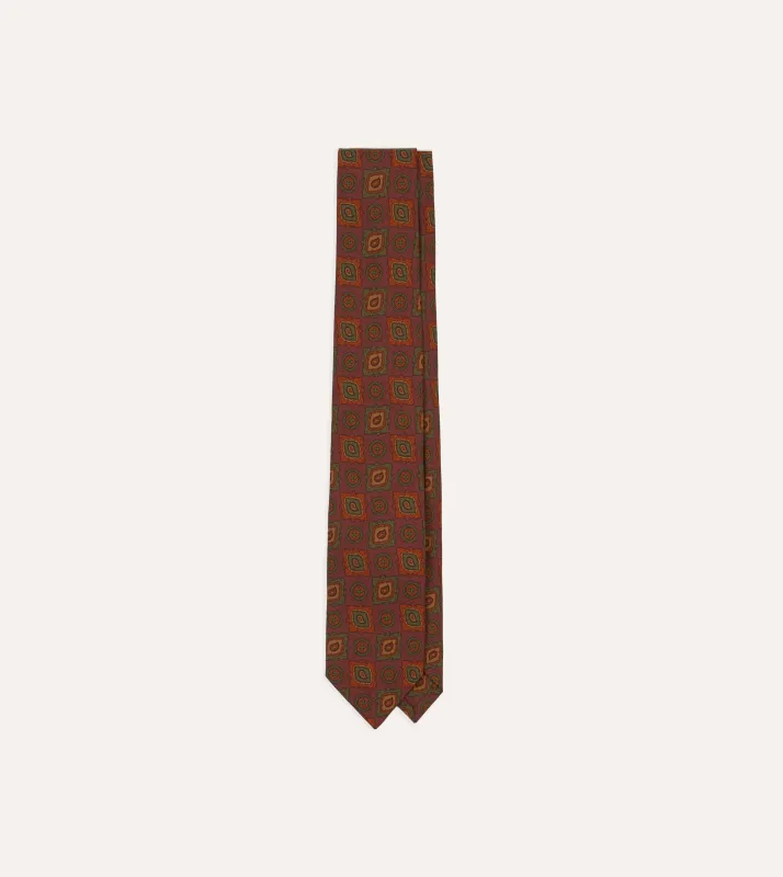 Burgundy Paisley Medallion Print Wool-Silk Self Tipped Tie sold by Drake's London