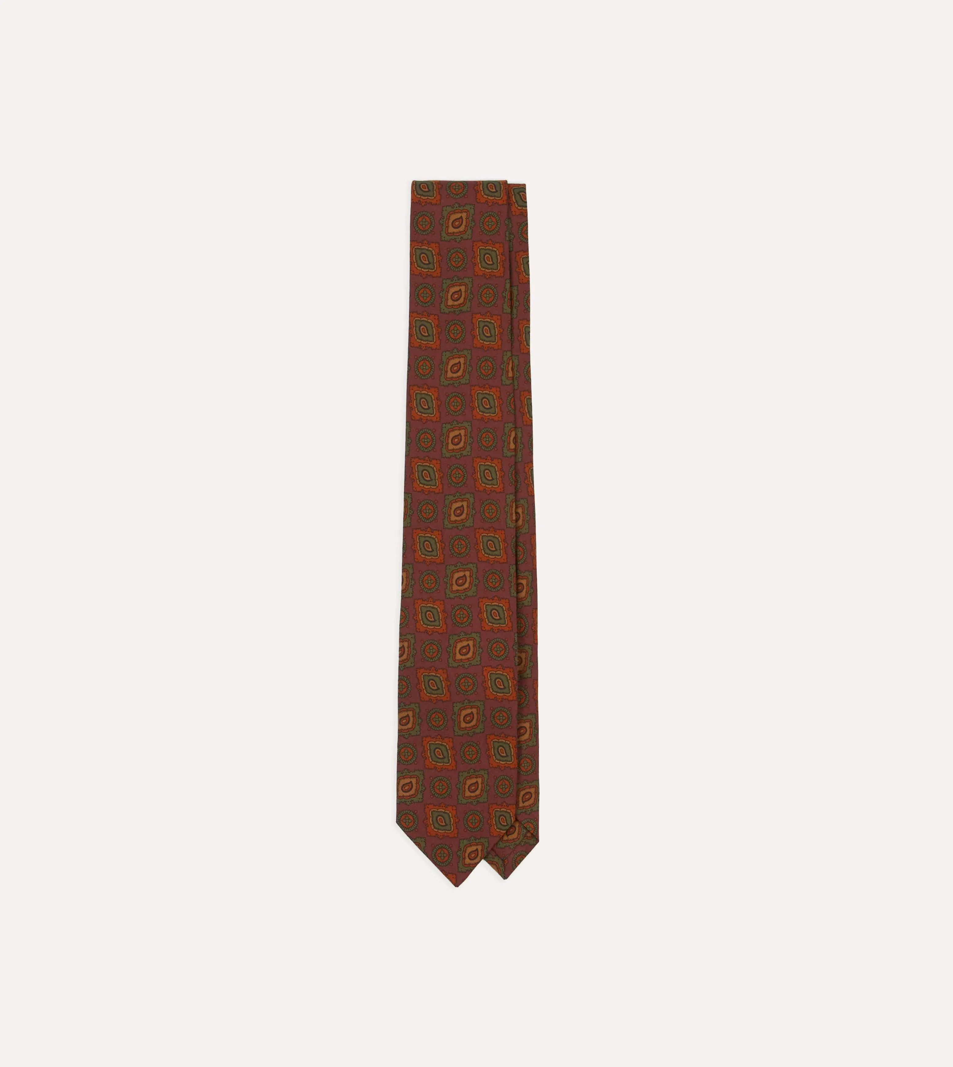 Burgundy Paisley Medallion Print Wool-Silk Self Tipped Tie sold by Drake's London
