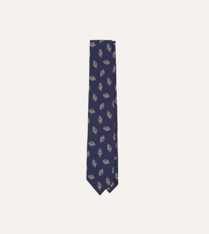 Navy Diamond Flower Print Silk Self-Tipped Tie sold by Drake's London