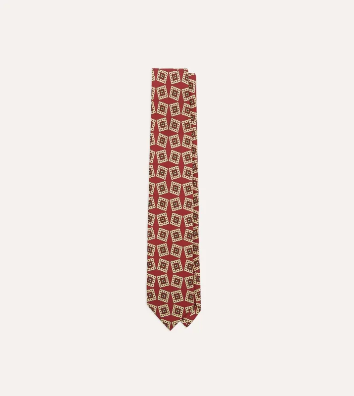 Red Jumbled Stamp Print Silk Self-Tipped Tie sold by Drake's London