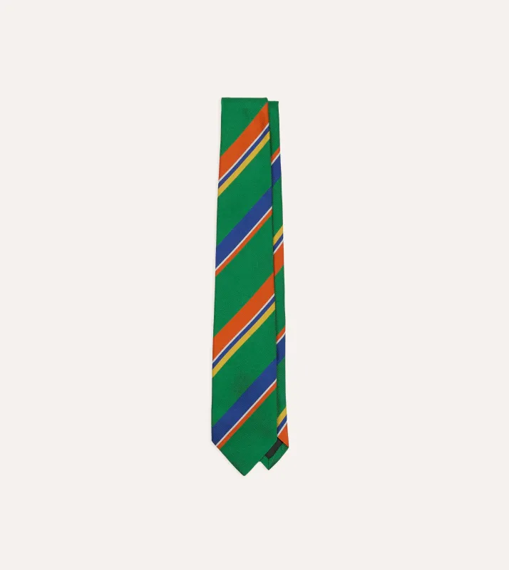 Green, Orange and Blue Multi Stripe Repp Silk Tipped Tie sold by Drake's London