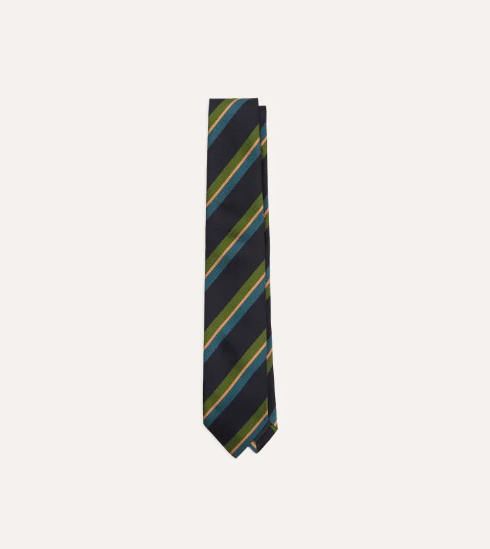 Navy, Green and Blue Sandwich Stripe Repp Silk Tipped Tie sold by Drake's London