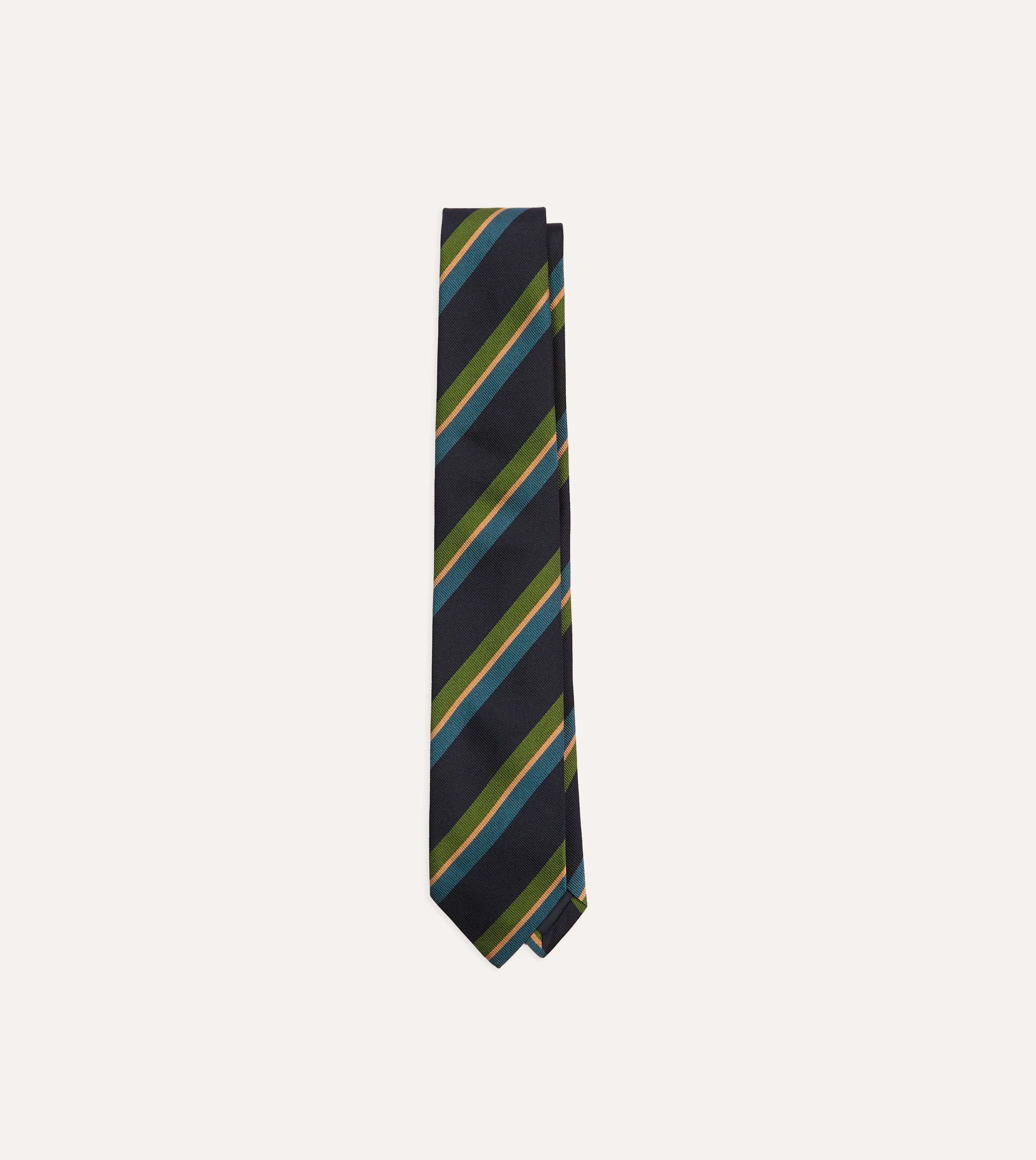 Navy, Green and Blue Sandwich Stripe Repp Silk Tipped Tie sold by Drake's London