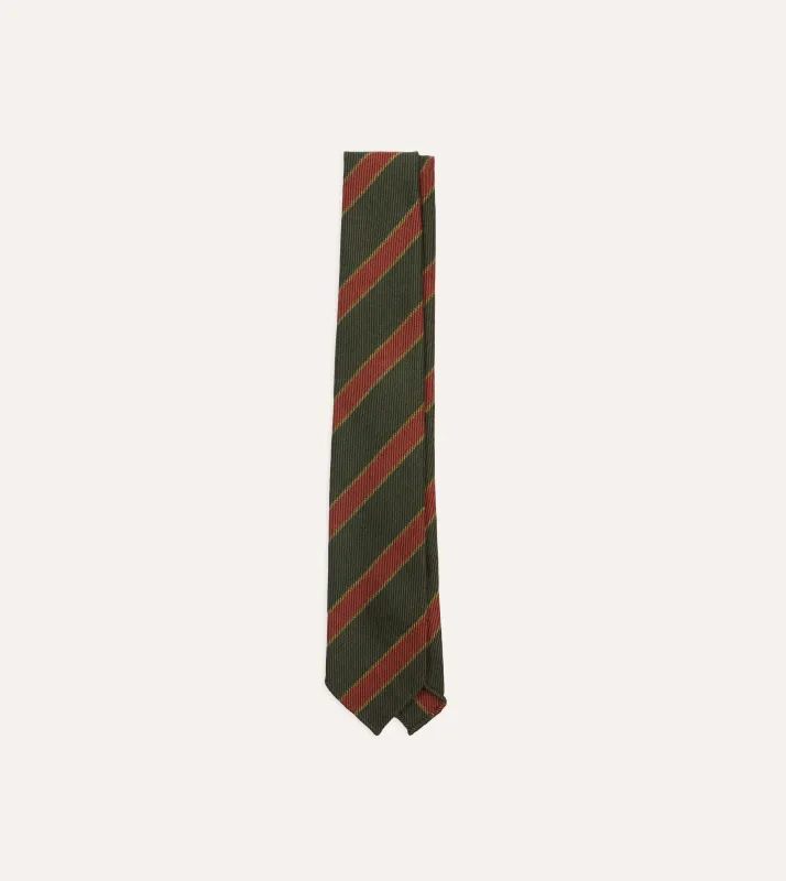 Green, Yellow and Red Thick Stripe Hand Rolled Wool Tie sold by Drake's London