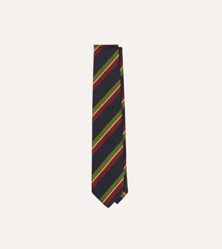 Navy, Green and Red Sandwich Stripe Repp Silk Tipped Tie sold by Drake's London