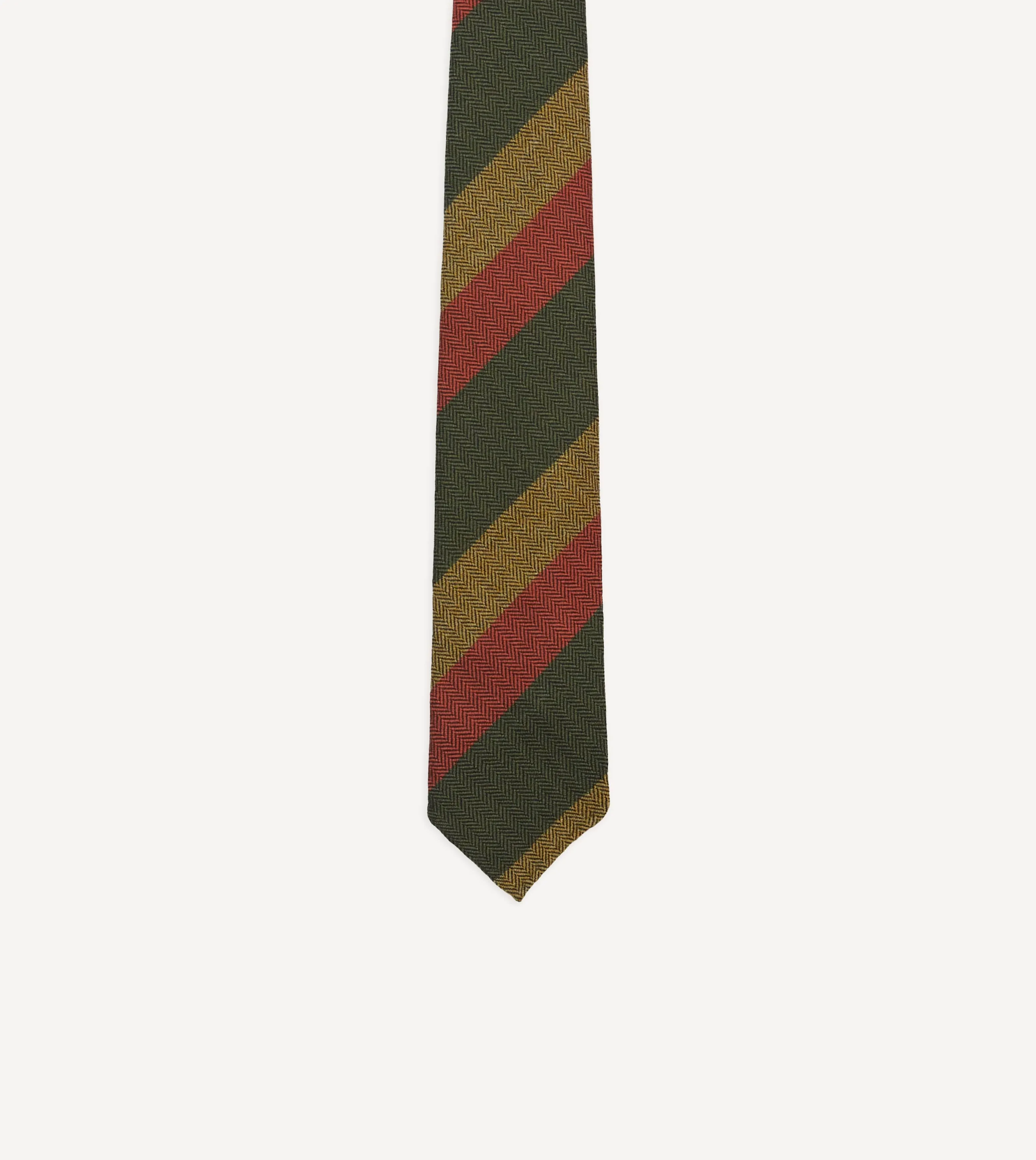 Green, Red and Mustard Block Stripe Hand Rolled Wool Tie sold by Drake's London product image thumbnail 3
