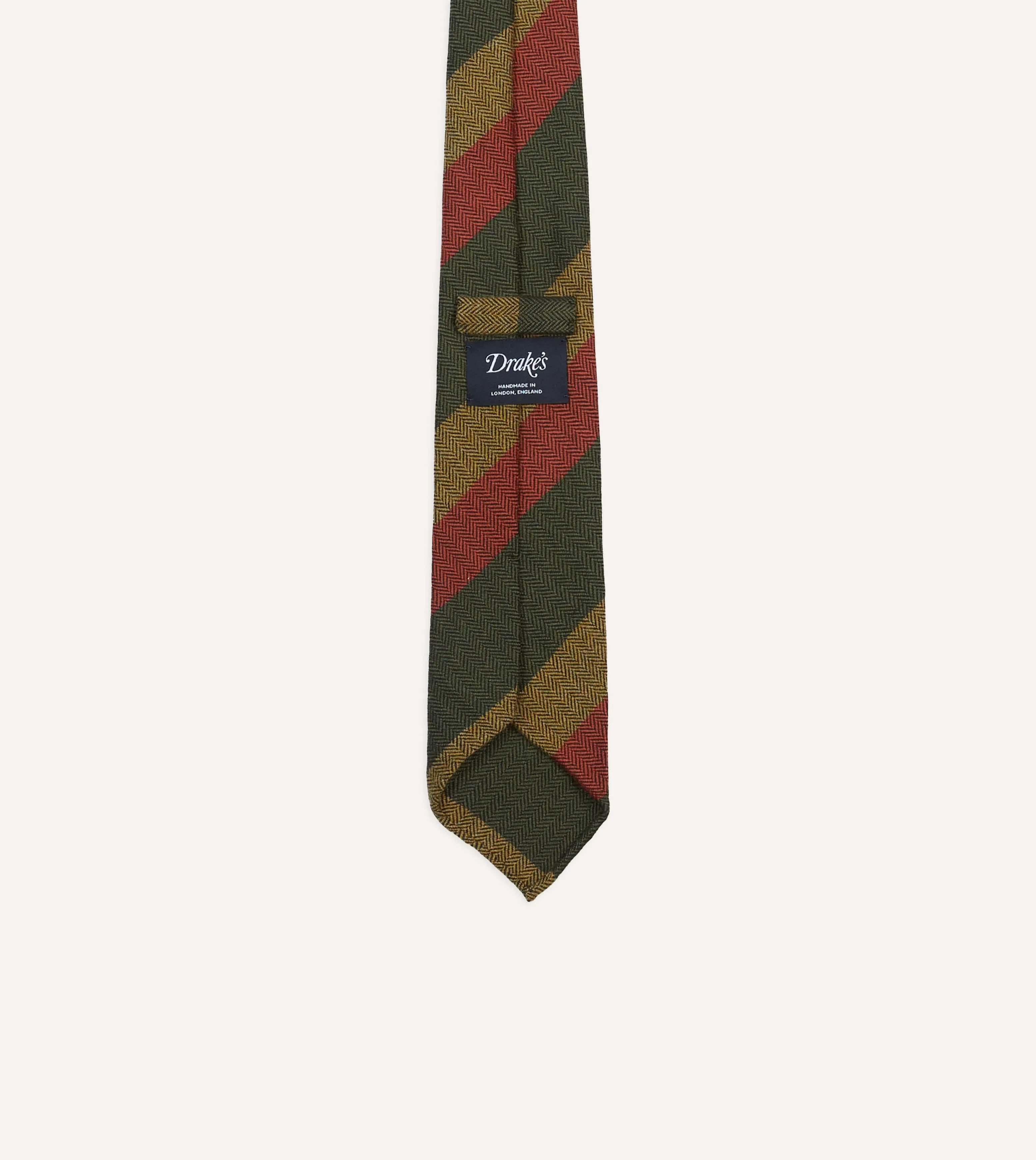 Green, Red and Mustard Block Stripe Hand Rolled Wool Tie sold by Drake's London product image thumbnail 4