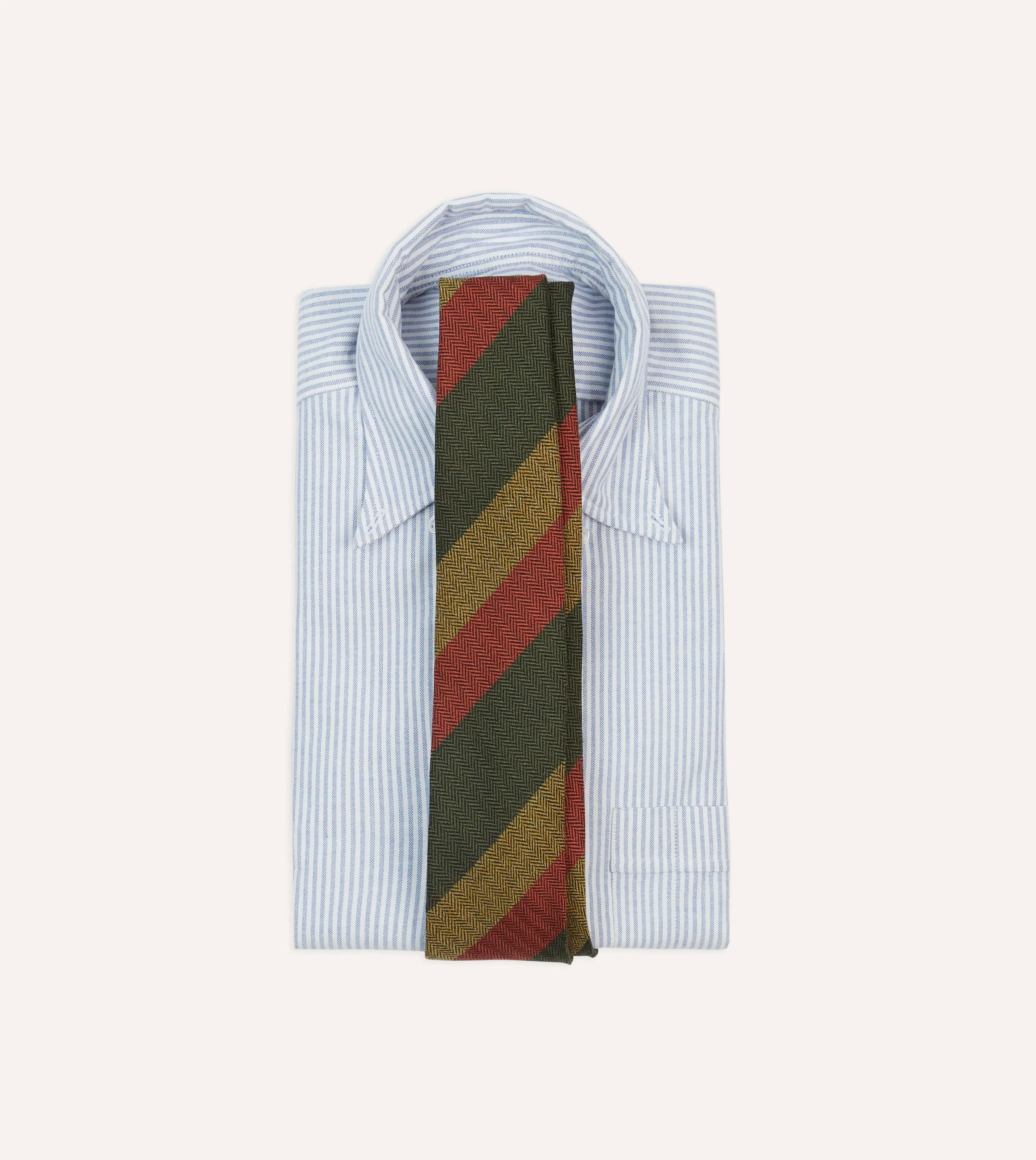 Green, Red and Mustard Block Stripe Hand Rolled Wool Tie sold by Drake's London product image thumbnail 2