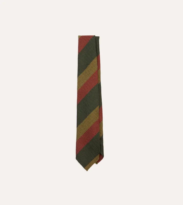 Green, Red and Mustard Block Stripe Hand Rolled Wool Tie sold by Drake's London