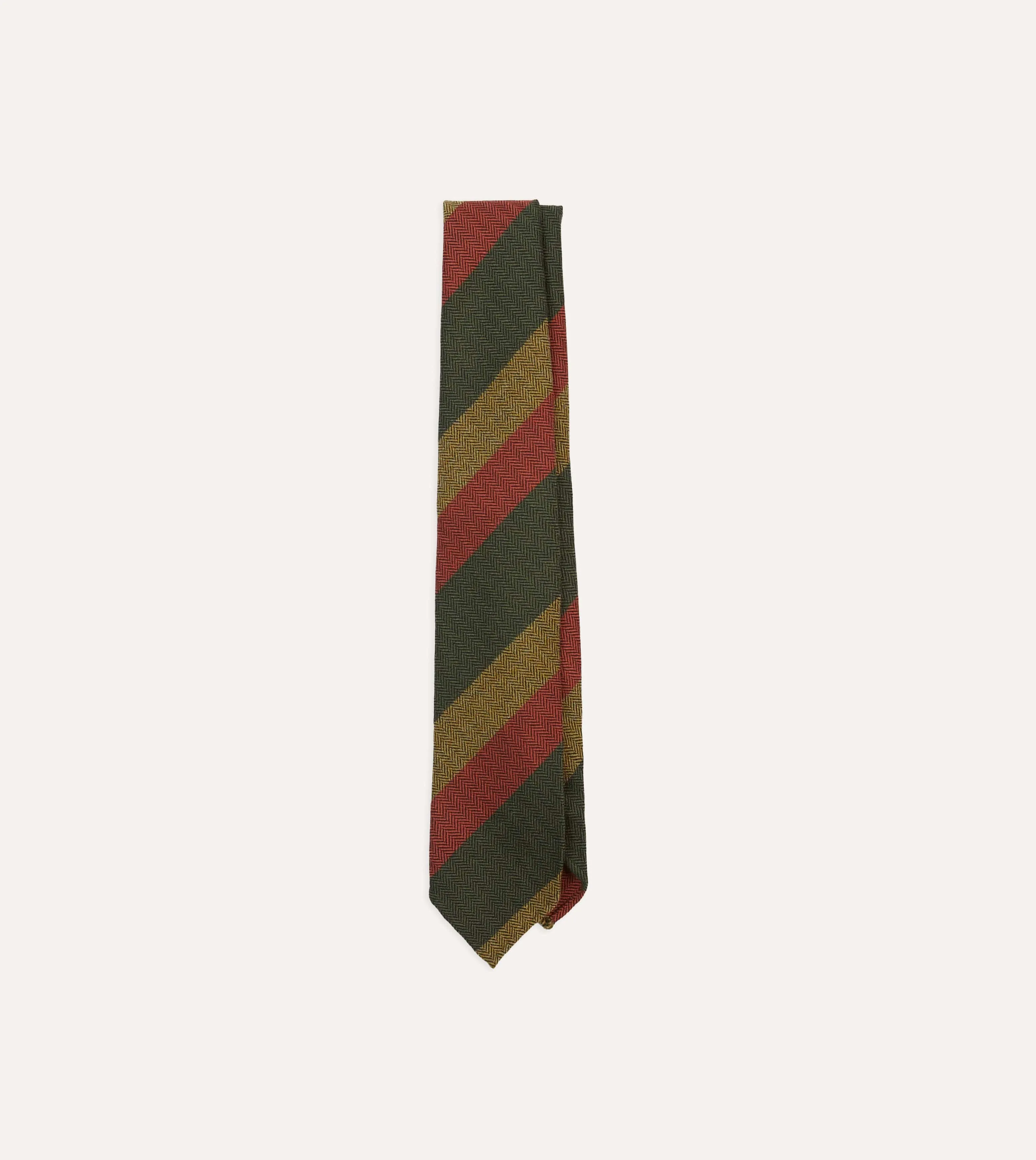 Green, Red and Mustard Block Stripe Hand Rolled Wool Tie sold by Drake's London