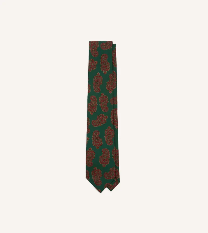 Green Paisley Motif Print Wool-Silk Self Tipped Tie sold by Drake's London