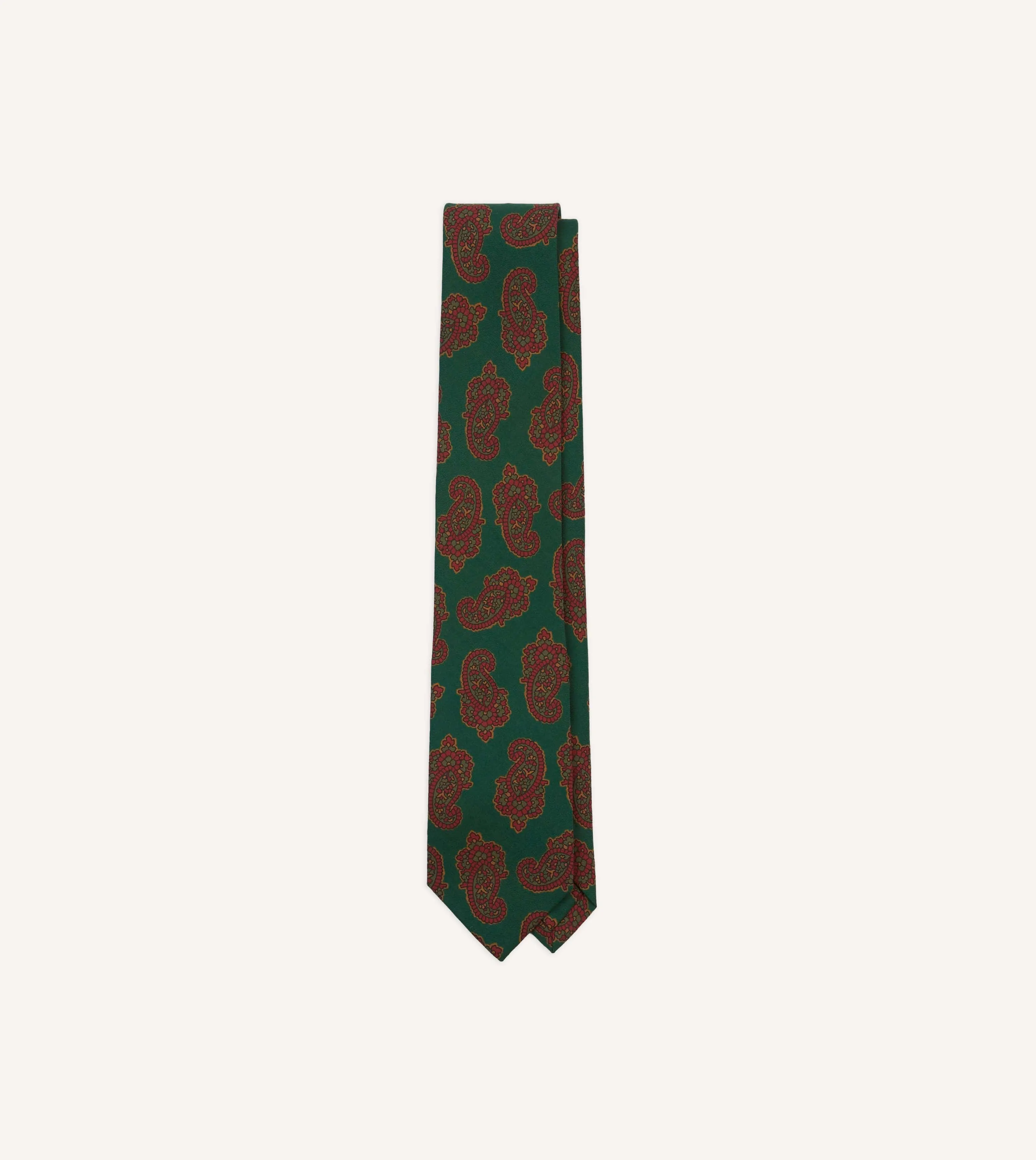 Green Paisley Motif Print Wool-Silk Self Tipped Tie sold by Drake's London