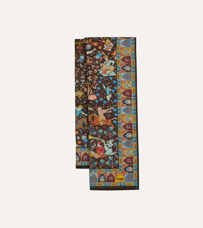 Brown Mughal Garden Print Wool Silk Scarf sold by Drake's London