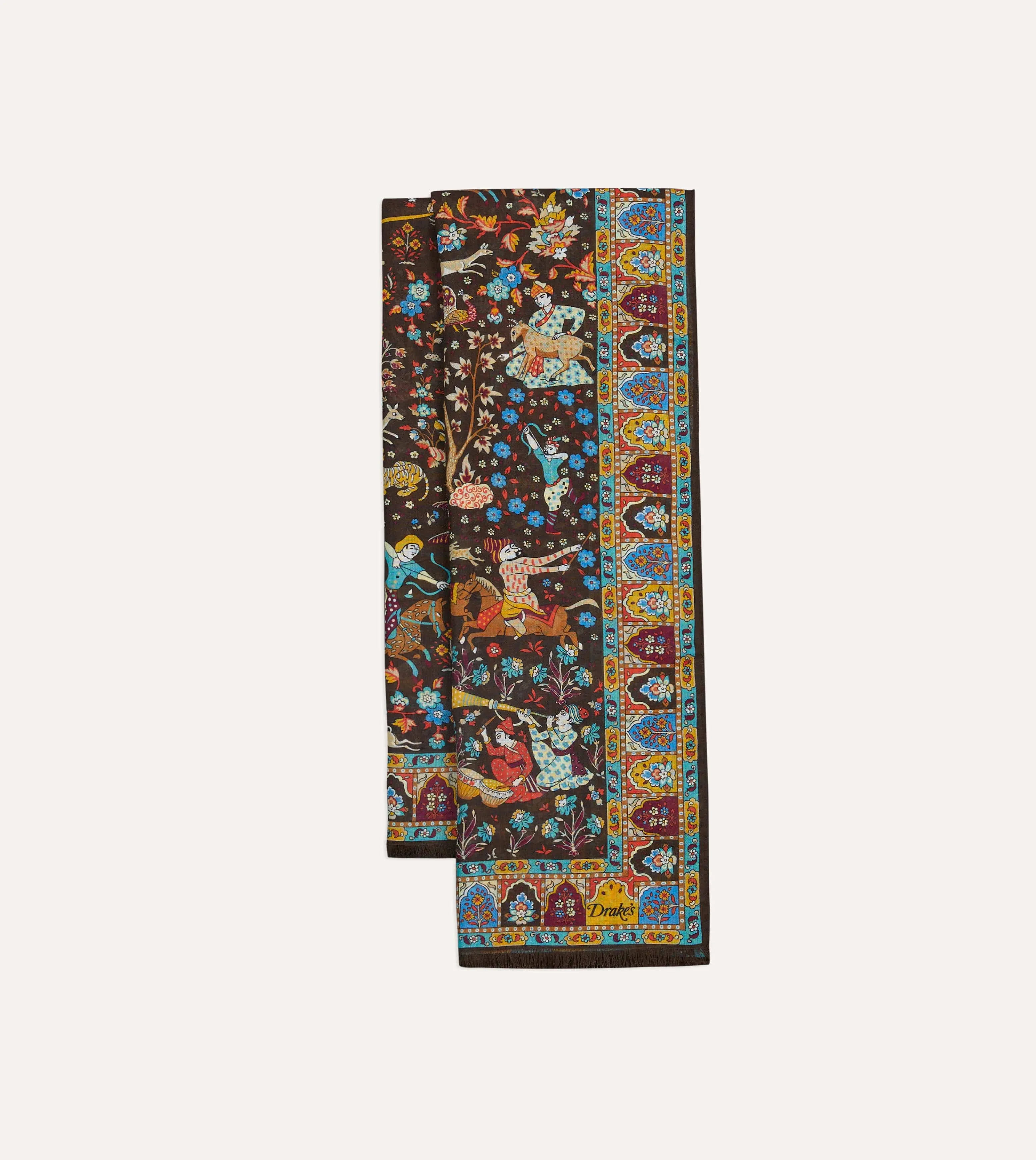 Brown Mughal Garden Print Wool Silk Scarf sold by Drake's London
