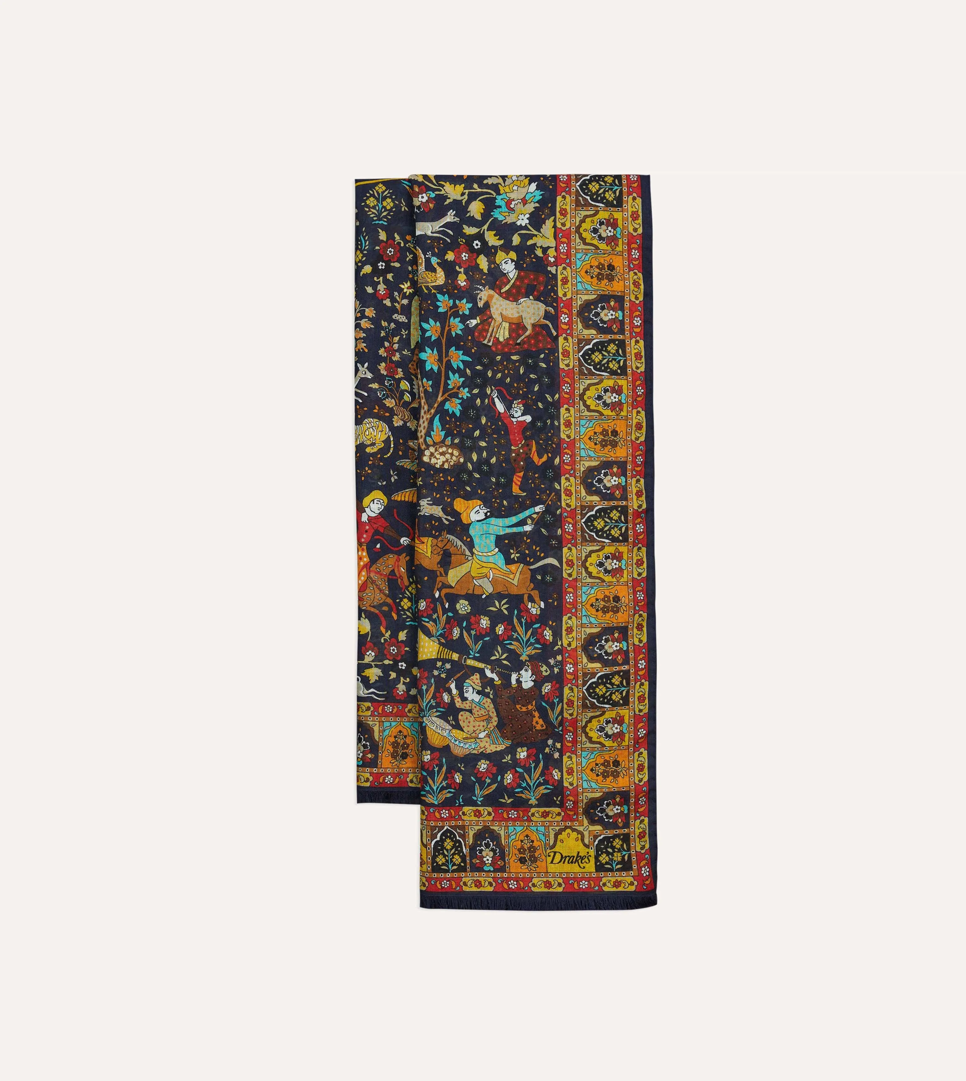 Navy Mughal Garden Print Wool Silk Scarf sold by Drake's London