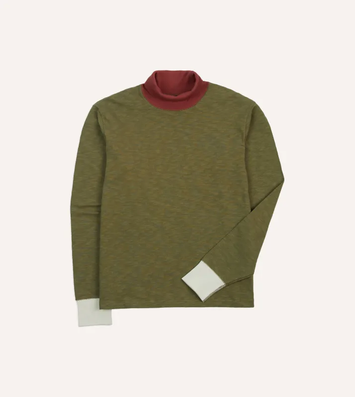 Khaki Cotton Long-Sleeve Roll Neck Hiking T-Shirt sold by Drake's London