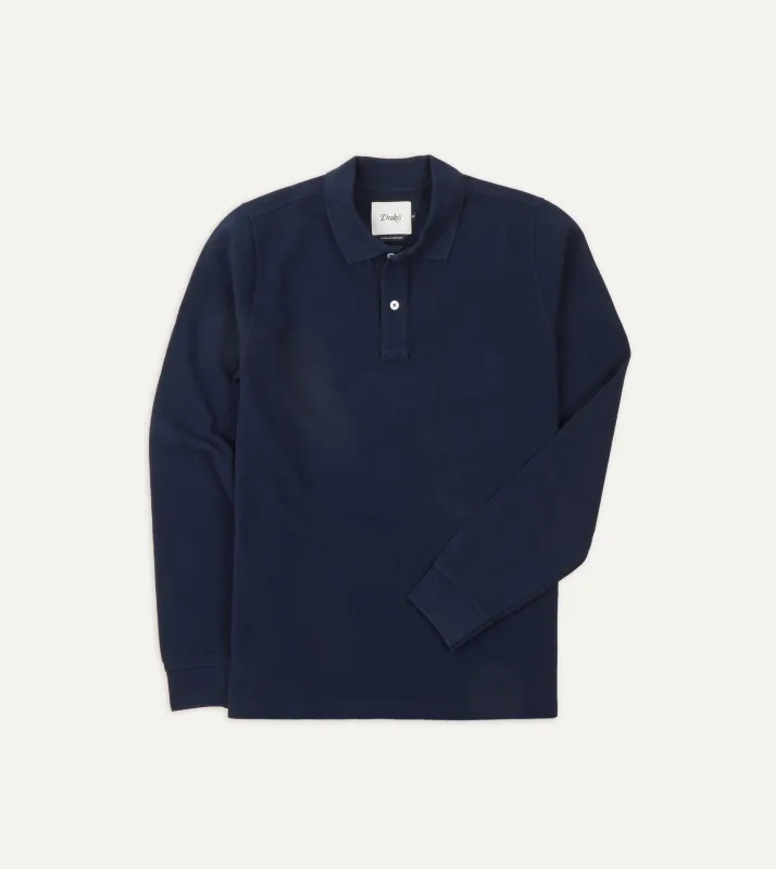 Light Navy Pique Cotton Long-Sleeve Polo Shirt made by Drake's London