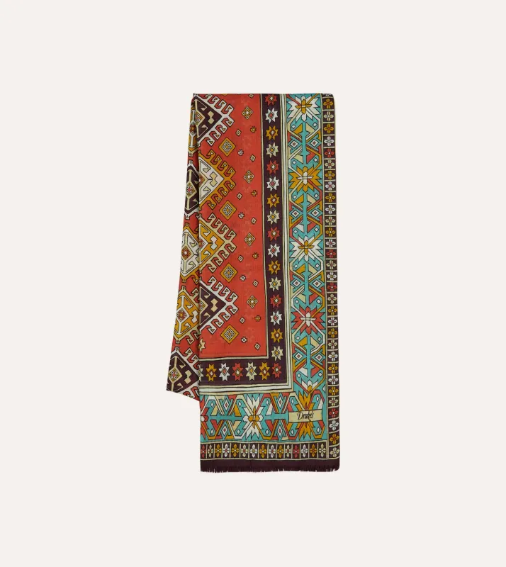 Red and Turquoise Kilim Print Tubular Wool Silk Scarf sold by Drake's London