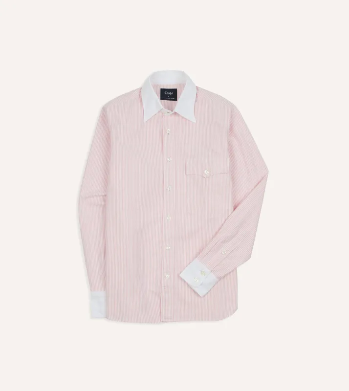 Pink Ticking Stripe Cotton Oxford Long Point Collar Western Shirt made by Drake's London
