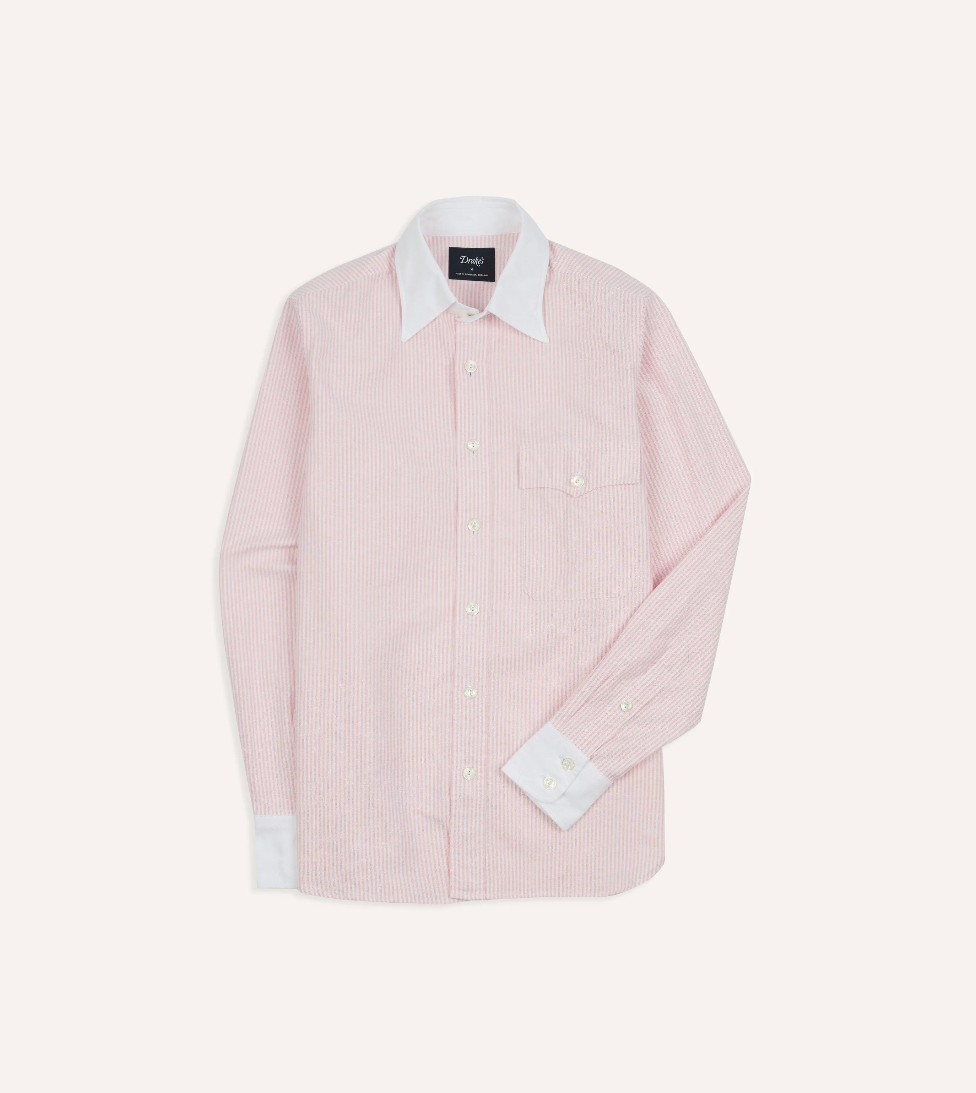 Pink Ticking Stripe Cotton Oxford Long Point Collar Western Shirt sold by Drake's London