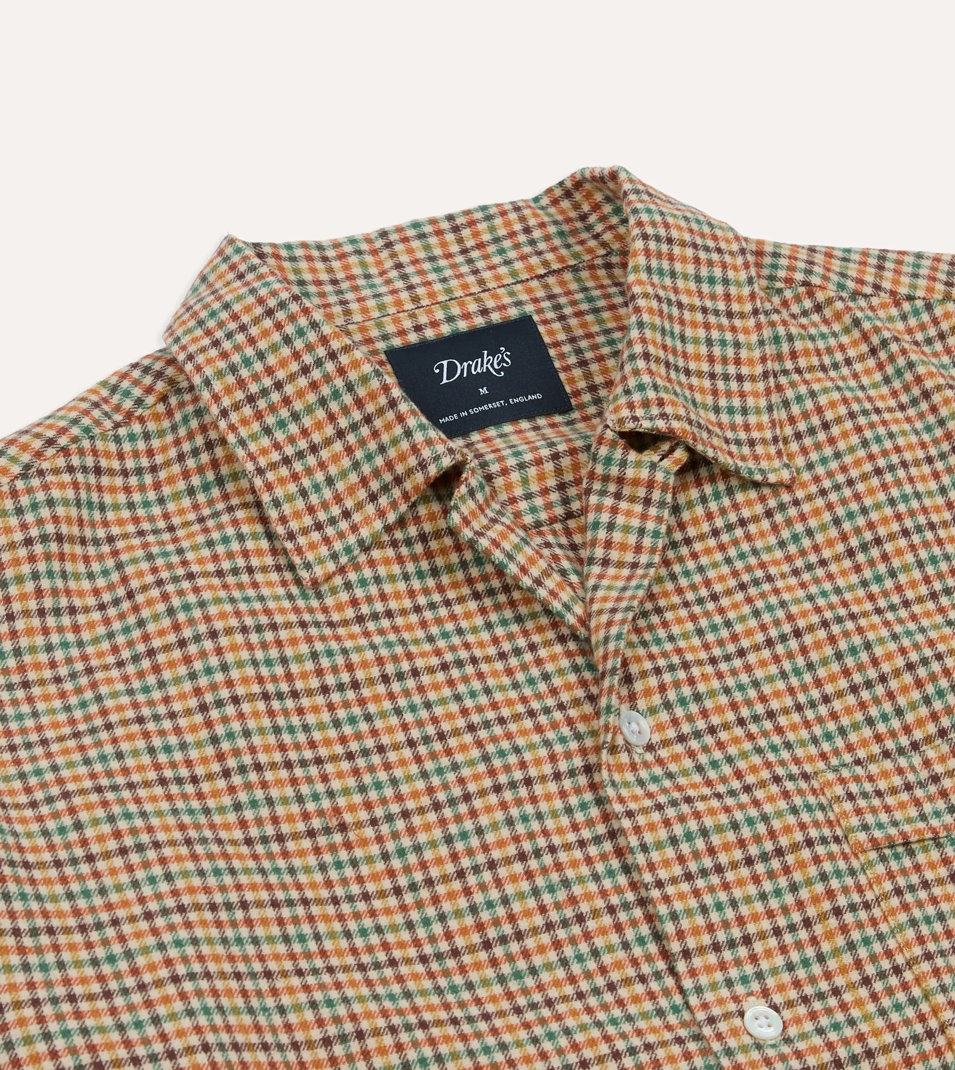 Brown and Green Check Brushed Cotton Twill Camp Collar Long Sleeve Shirt sold by Drake's London product image thumbnail 3