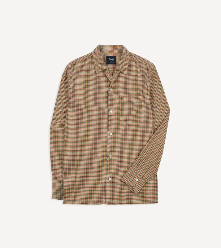 Brown and Green Check Brushed Cotton Twill Camp Collar Long Sleeve Shirt sold by Drake's London